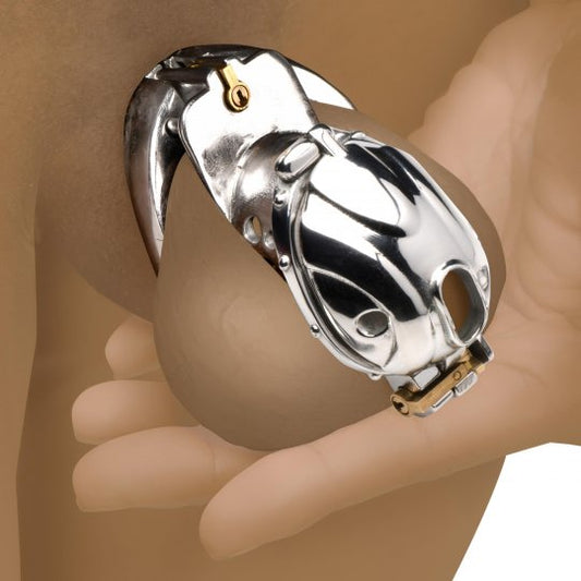 Deluxe Locking Chastity Cage made of stainless steel with two ball ring sizes, a solid cap and a cum-thru tip cap, displayed on a neutral background to highlight the design and craftsmanship.