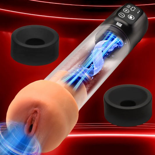 Image of a black and clear sucking penis pump and masturbation sleeve combo featuring an easy-to-use control panel, two different silicone pumping sleeves, and a realistic looking pussy masturbation sleeve made from textured TPE, displayed on a clean surface with water-based lubricant nearby.