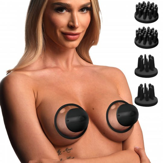 Two silicone nipple suckers with a rotating feature, showcasing their suction grip and interchangeable attachments designed for nipple and areola stimulation. One attachment has longer nubs for surrounding stimulation while the other has shorter nubs for direct nipple contact. The image highlights the sleek black and clear design, emphasizing the premium silicone material.