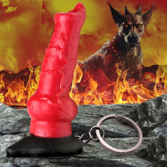 Miniature red and black Hell-Hound keychain shaped like a canine phallus, made of phthalate-free silicone with a nickel-free metal base, showcasing a tapered tip and knot detail, ideal for novelty use and fantasy roleplay.