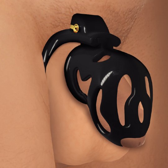 Hard Stop Double Ring Chastity Cage in black plastic with adjustable rings and locking mechanism, displayed on a neutral background.