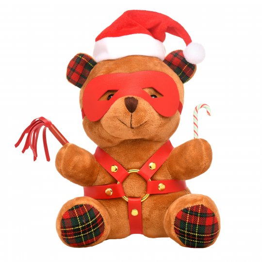 Soft plush bear with red and green flannel ears and feet, wearing a red Santa cap, accessorized with a mask, harness, and candy cane, ideal for holiday gift exchanges.