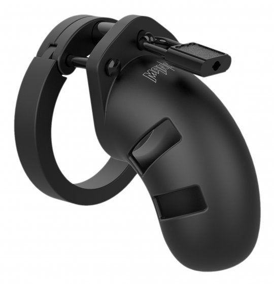 Image of the ManCage Silicone Chastity Cage in black, showcasing the soft high-grade silicone material, three polycarbonate rings of varying sizes, ventilation holes, a urination opening, and included lock and keys, emphasizing comfort for long-term wear and customizable fit for erotic restriction.