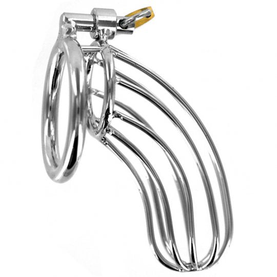 A chrome plated steel chastity device featuring a cock ring and cage, designed to prevent a complete erection, accompanied by a small padlock, two keys, and a carrying pouch.