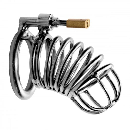 Chastity device displayed with three adjustable rings, padlock, and velvet carrying pouch on a neutral background