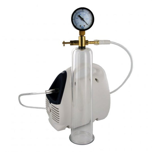 Bionic Electric Pump set featuring high powered electric pump, penis cylinder, adjustable leather cock ring, three clear stretchy cock rings, and 10 feet of tubing against a neutral background.