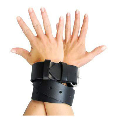 Black leather bondage strap featuring 55 adjustable notches, measuring 65 inches in overall length, 1.38 inches wide, designed for versatile restraint applications.