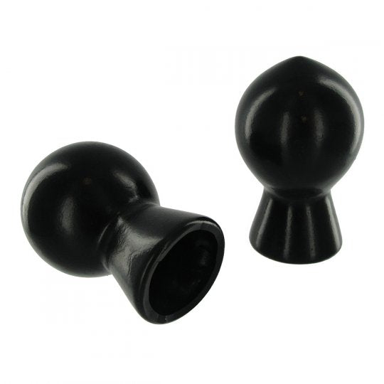 Black Size Matters Nipple Boosters placed on a textured background, showcasing their bulbous design and measurements, highlighting the suction mechanism and inner diameter for nipple enlargement and stimulation.