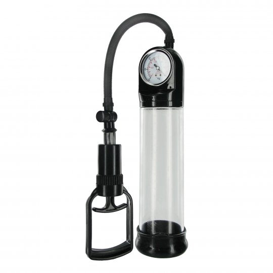 Deluxe Trigger Pump from Size Matters showcasing a black and clear plastic cylinder with a flexible hose and built-in pressure gauge, designed for enhancing male size and stamina