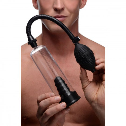 Deluxe Penis Pump with Suction Sleeve displayed vertically, featuring a transparent cylinder, a hand bulb for pumping, and a flexible hose, designed for enhancing size and erection strength.