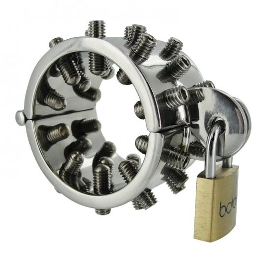 Heavy-duty stainless steel CBT device with 28 adjustable screw points, designed for pressure application, featuring a smooth, wide band and a hex key for adjustments. The inner diameter measures 1.83 inches, with screw points capable of protruding up to 0.68 inches.