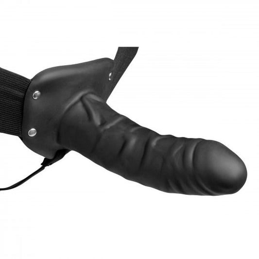 Black silicone strap-on dildo designed for erection enhancement, featuring a gently curved and textured shaft, six inches in length and 1.7 inches in diameter, with adjustable elastic straps for a secure fit on most waist sizes.