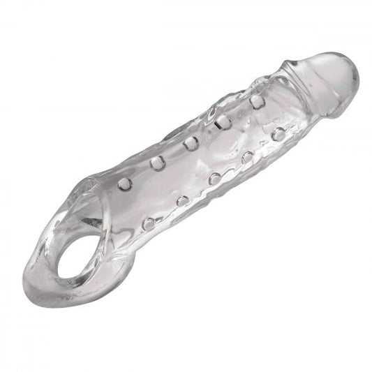 Clear realistic sheath designed to enhance erections with pleasure nubs, measuring 8.75 inches in length and 1.9 inches in diameter.