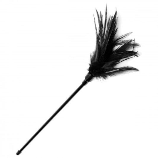 A black feather tickler measuring 17 inches in length, made of feathers and plastic, resting against a soft background with a hint of sensuality.