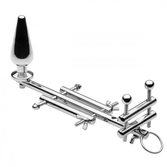 Stainless steel constriction device with an anal plug and adjustable components for male confinement, featuring a cock crusher and ball crusher designed for BDSM play.