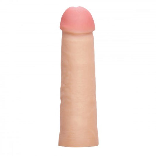 A flesh-colored Mega Penis Enlarger Sleeve displayed against a neutral background, highlighting its thick walls and realistic texture, with a measuring tape showing its length of 8.5 inches, demonstrating its potential for increased size and girth for enhanced performance.