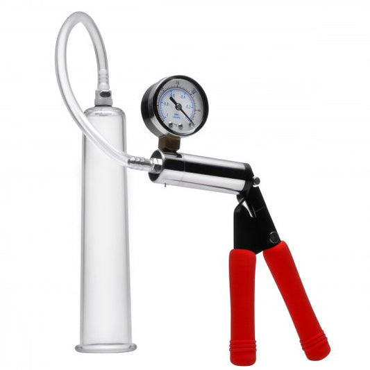 Deluxe Steel Handheld Penis Pump kit with cylinder, hose, and accessories for male enhancement, featuring a clear cylinder and metal design.