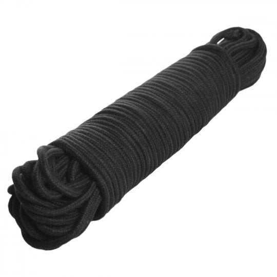 Black cotton bondage rope, tightly braided, 96 feet in length, coiled and ready for use in various BDSM applications.