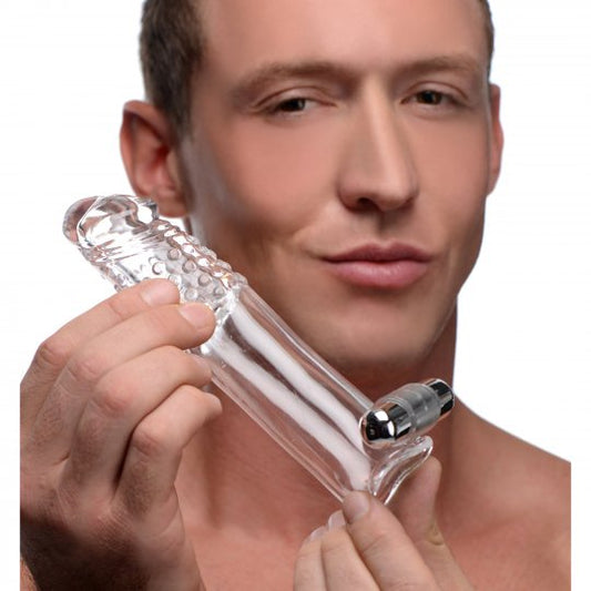 Clear semi-realistic sex sleeve with textured interior, vibrating bullet at the base, and a length of 6.75 inches and 1.5 inches in girth, featuring ultra stretchy TPR material and designed for enhanced sexual pleasure.