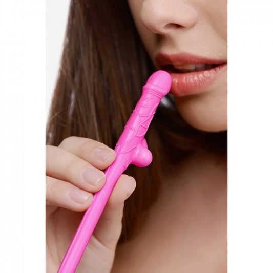 10 pink rigid plastic straws shaped like erect penises, designed for bachelorette parties, displayed together on a white background