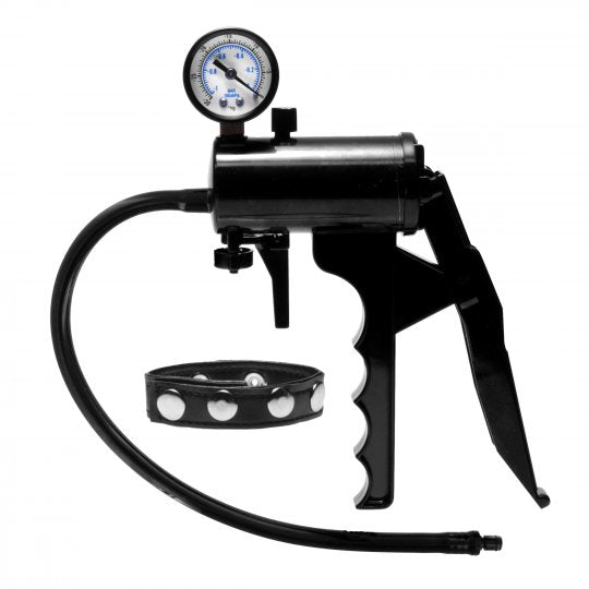 Premium hand pump with easy grip handle, professional vacuum gauge, and secure interlocking connectors, featuring flexible non-crimping hose and quick release pressure valve, designed for nipple enlargement and penis enhancement, dimensions 9 inches height by 6 inches width, made of ABS plastic, metal, and rubber in black color.