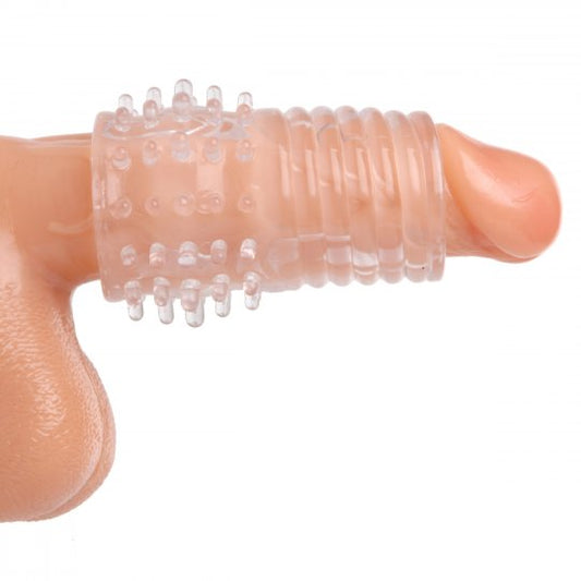 Clear open-ended penis enhancing girth sleeve with textured surfaces for added stimulation, featuring a cut-to-fit design for customizable sizing and measurements of 4 inches in length and 2.15 inches in diameter.