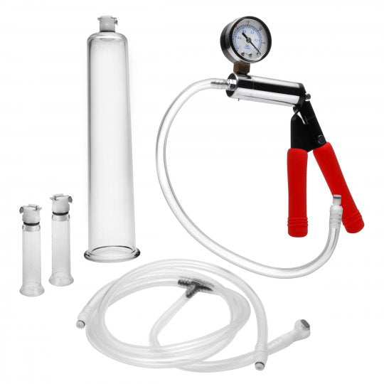 Super Deluxe Pumping Kit displayed with a metal hand pump, clear acrylic penis cylinder, and two nipple cylinders, showcasing the flexible hose and T-hose connector for dual pumping use.