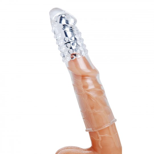 Clear semi-realistic sex sleeve with textured exterior and vibrating bullet, designed for penis enhancement and partner stimulation, measuring 7 inches in length and 1.5 inches in diameter, made of stretchy TPR and ABS materials, lightweight and travel-friendly.