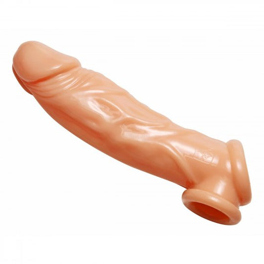 Veiny lifelike penis enlarger with realistic textured outer sleeve, 8 inches long, 1.75 inches in diameter, TPR material in flesh color