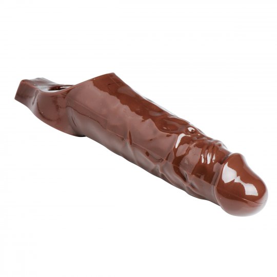 Brown doubled up erection enhancer made of stretchy TPR material, designed to fit over most cocks, measuring 8.5 inches total length with 6 inches insertable and 1.75 inches in diameter, featuring internal sensation bumps and an attached ring for enhanced performance.