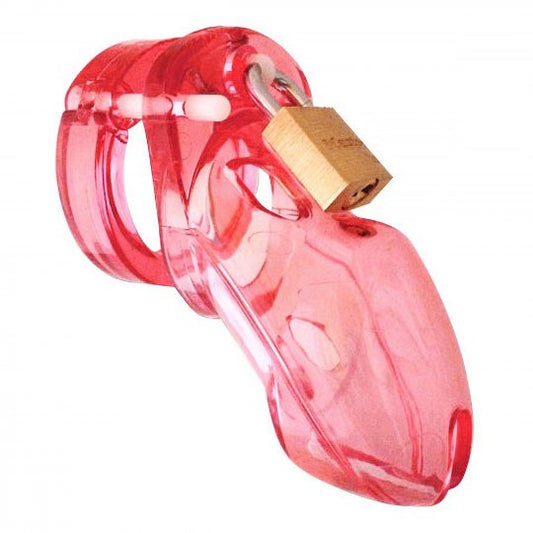 CB-3000 Pink Male Chastity Device with medical grade polycarbonate cage and interlocking ring design, displayed with various ring sizes, locking pins, brass padlock, numbered plastic locks, silicone lube, and zippered storage bag