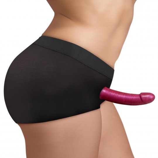 Black boxer brief style harness designed for holding a dildo, made from cotton and spandex, with a supportive elastic waistband and an O-ring size of 1.5 inches, suitable for extended wear and mobility.