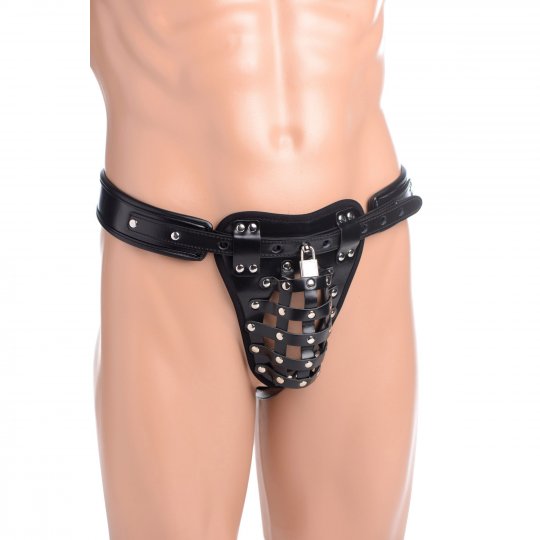 Black leather-like jock strap chastity belt with adjustable waist and rear straps, featuring a lock and two keys, designed to secure the wearer and restrict access to their package.