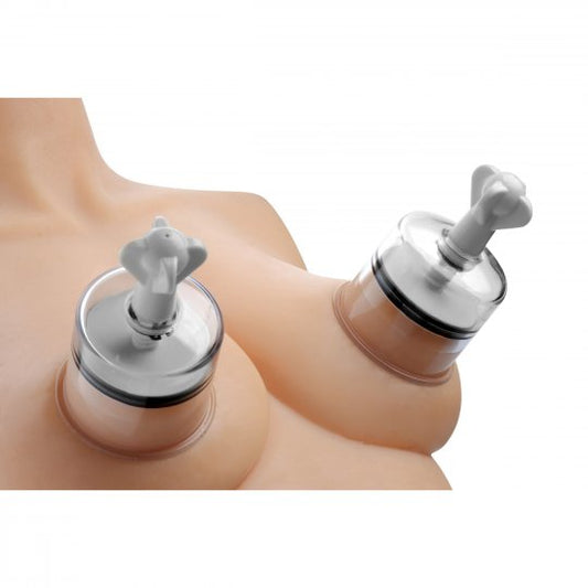 Clear nipple suckers with a wider cylinder designed for increased sensitivity and temporary enlargement, featuring an opening diameter of 2.25 inches and a length of 4.25 inches, showcased on a neutral background.