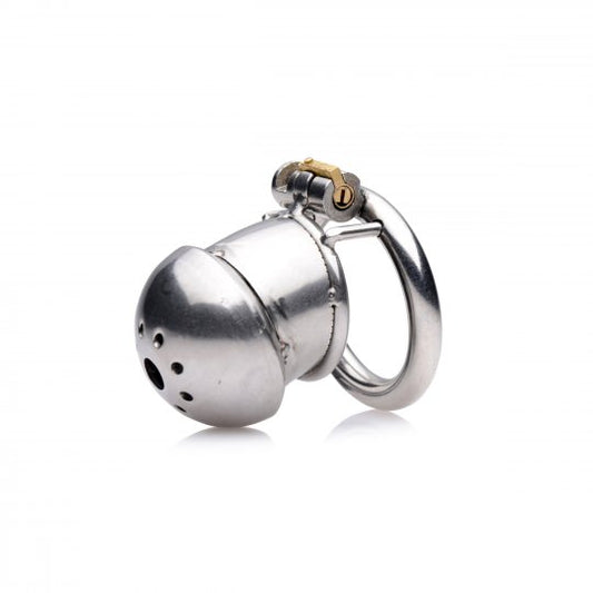 Stainless steel chastity device with internal locking system, featuring three adjustable O-rings and openings for urination and airflow, displayed on a neutral background.