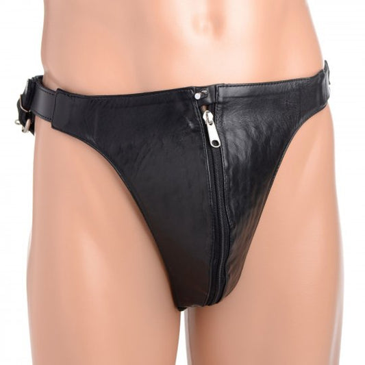 A black leather jockstrap designed for BDSM play, featuring a front panel lined with sharp spikes for added torment, adjustable waist and leg straps with locking buckles, and a zipper for access, suitable for various body types.