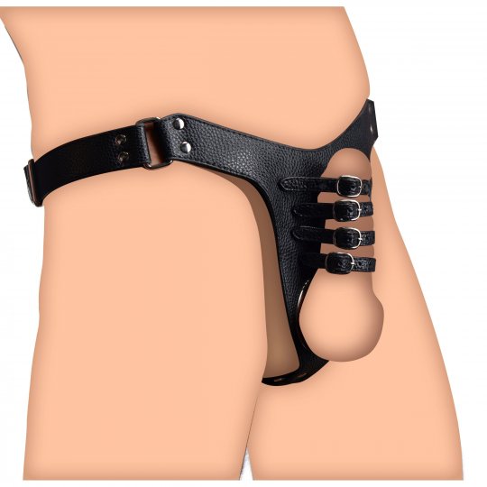 A black chastity harness made of PU leather and metal, featuring a metal ring with a 2-inch diameter, adjustable straps for the waist and rear belt, and four straps to secure the shaft, designed for bondage and control.