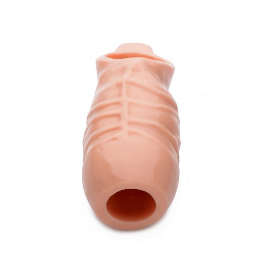 A flesh-colored hollow girth expander for enhancing intimacy, featuring a realistic shape, open head for easy penetration, and a snug ball strap, displayed on a neutral background.