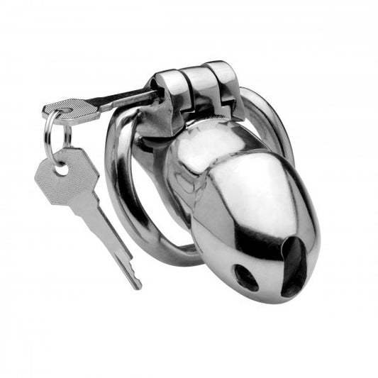 Image of a stainless steel chastity device with a compact design, featuring a brass keyhole for locking and unlocking, displayed on a neutral background. The device includes a base ring and a shaft, showcasing its precise measurements and sleek grey finish.