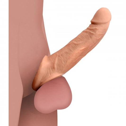 Lifelike penis extension sheath with realistic details and strap for scrotum, measuring 8.5 inches total length and 1.75 inches in diameter, in flesh color, made of soft TPE material.