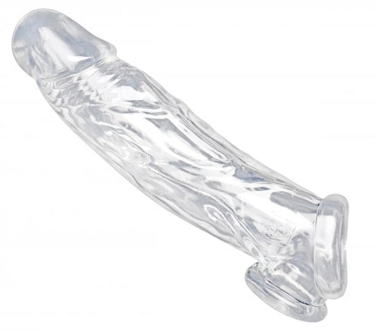 Clear veiny penis enlarger with textured outer sleeve, 8 inches long and 1.75 inches in diameter, showcasing realistic design and insertable features