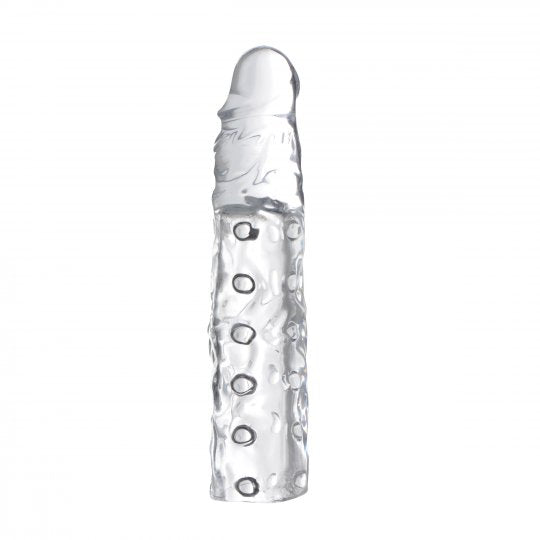 Clear penis enhancing sleeve with a solid tip and bulging veins, measuring 8.5 inches total length and 5.5 inches insertable length, designed for added length and girth during intercourse.