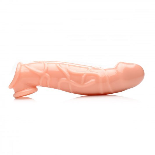 Image of a realistic extender sleeve designed for enhancing sexual experiences, featuring a bulbous head, bulging veins, and a curved shape. The sleeve has a solid tip and a hollow interior, made from body-safe material with a flesh color. Measurements include 9 inches in total length and 1.2 inches interior diameter.