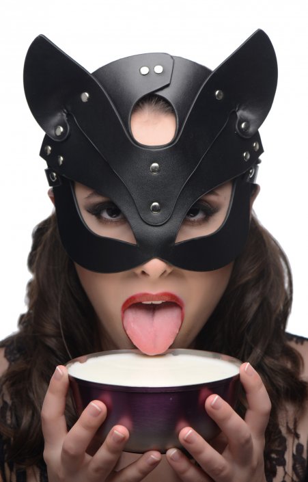 Black Naughty Kitty mask made of vegan-friendly PU leather with metal studs, featuring cat ears and cut-outs, adjustable strap, designed for playful adult fantasies.