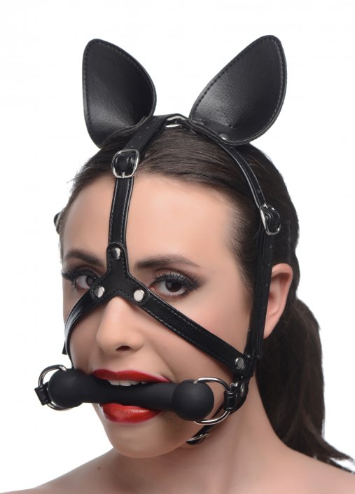 Black head harness designed for equine play, featuring silicone bit gag, multiple adjustment points for a custom fit, made from vegan-friendly PU leather, nickel-free hardware, and a removable bit.