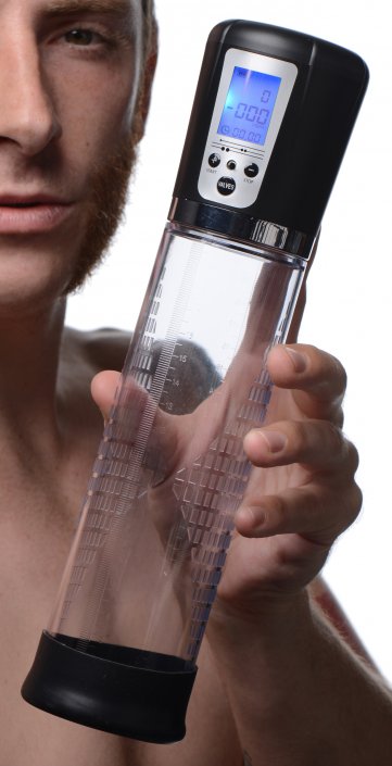 High-tech penis pump with LED display showing pressure levels, battery life, and session duration, featuring a textured clear cylinder for tracking progress, a silicone sleeve for comfort, and 4 suction levels with a pressure release valve.