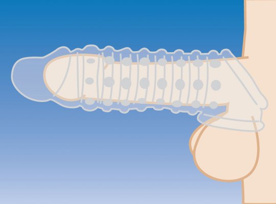 Clear enhancer sleeve for added length and girth, featuring external bumps and internal texturing for stimulation, with a stretchy ball strap for secure fit.