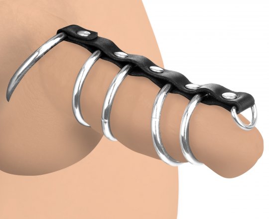 A stylish black leather cock ring with five graduated metal rings resembling a spine, designed for snug constriction around an erect shaft, featuring a metal O-ring for attaching a leash.