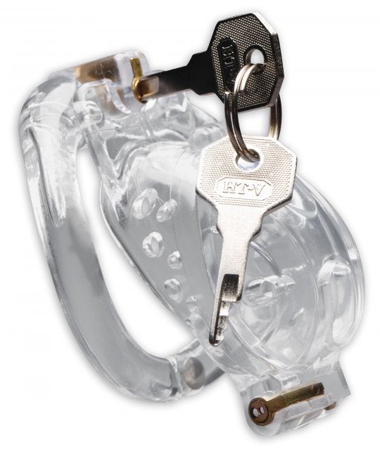 Breathable lightweight plastic chastity cage with secure locking system, interchangeable cum-thru tip and solid cap, and four graduated rings for custom fit, displayed on a white background