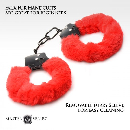 Furry red handcuffs with soft faux fur lining and metal cuffs inside, fully adjustable from 4.5 to 7 inches, with two included keys for easy use.